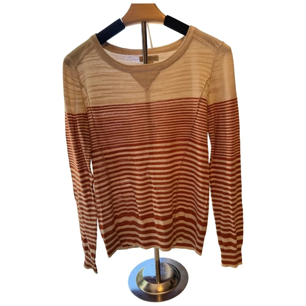Lucky Brand Womens Striped Long Sleeve Crew Neck Sweater Cream Rust Orange Small